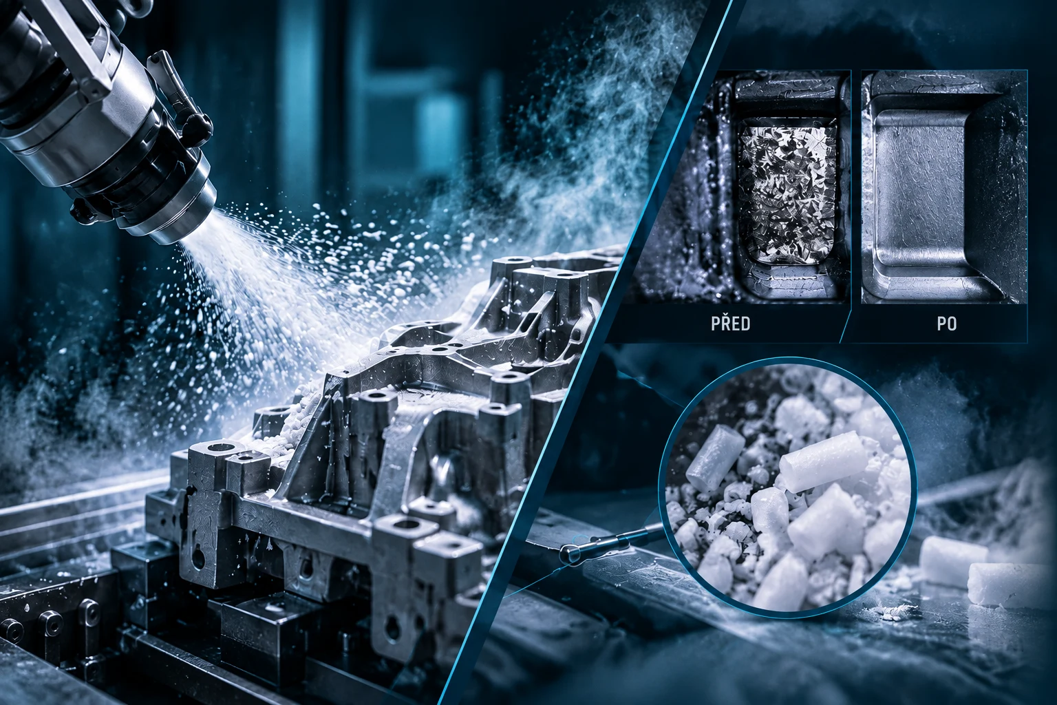 CO₂ tryskání suchým ledem na hliníkovém krytu převodovky, detail před/po odjehlení a granule suchého ledu